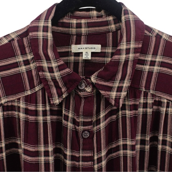 Max Studio Maroon and Tan Plaid Jersey Button Down Fall Pumpkin Patch Size XL - Picture 3 of 9